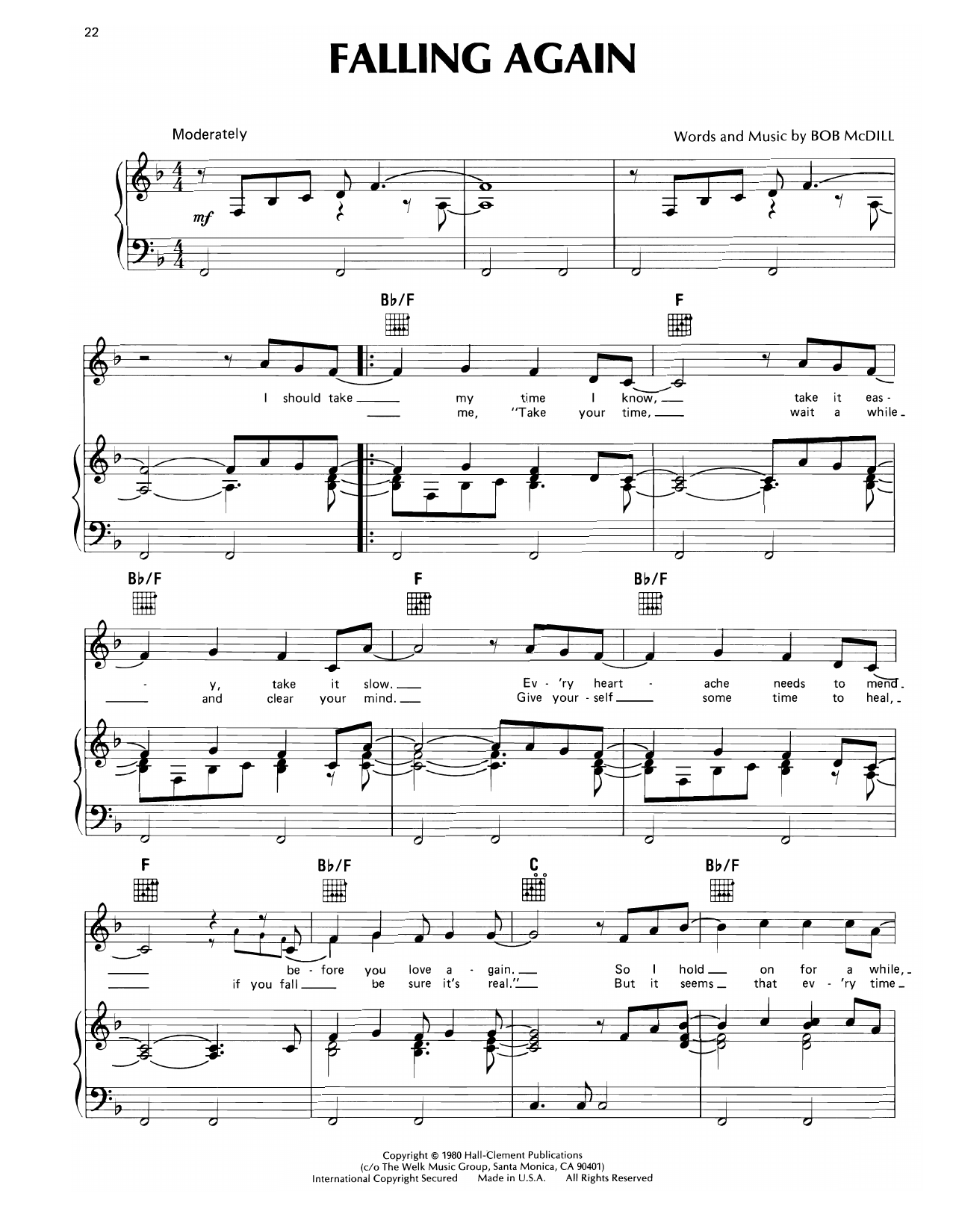 Download Don Williams Falling Again Sheet Music and learn how to play Piano, Vocal & Guitar Chords (Right-Hand Melody) PDF digital score in minutes