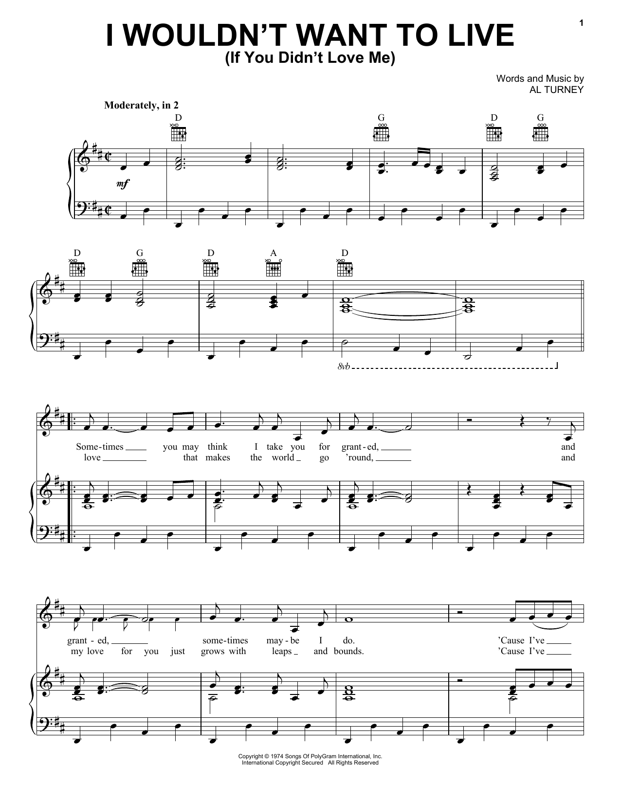 Download Don Williams I Wouldn't Want To Live (If You Didn't Love Me) Sheet Music and learn how to play Piano, Vocal & Guitar Chords (Right-Hand Melody) PDF digital score in minutes