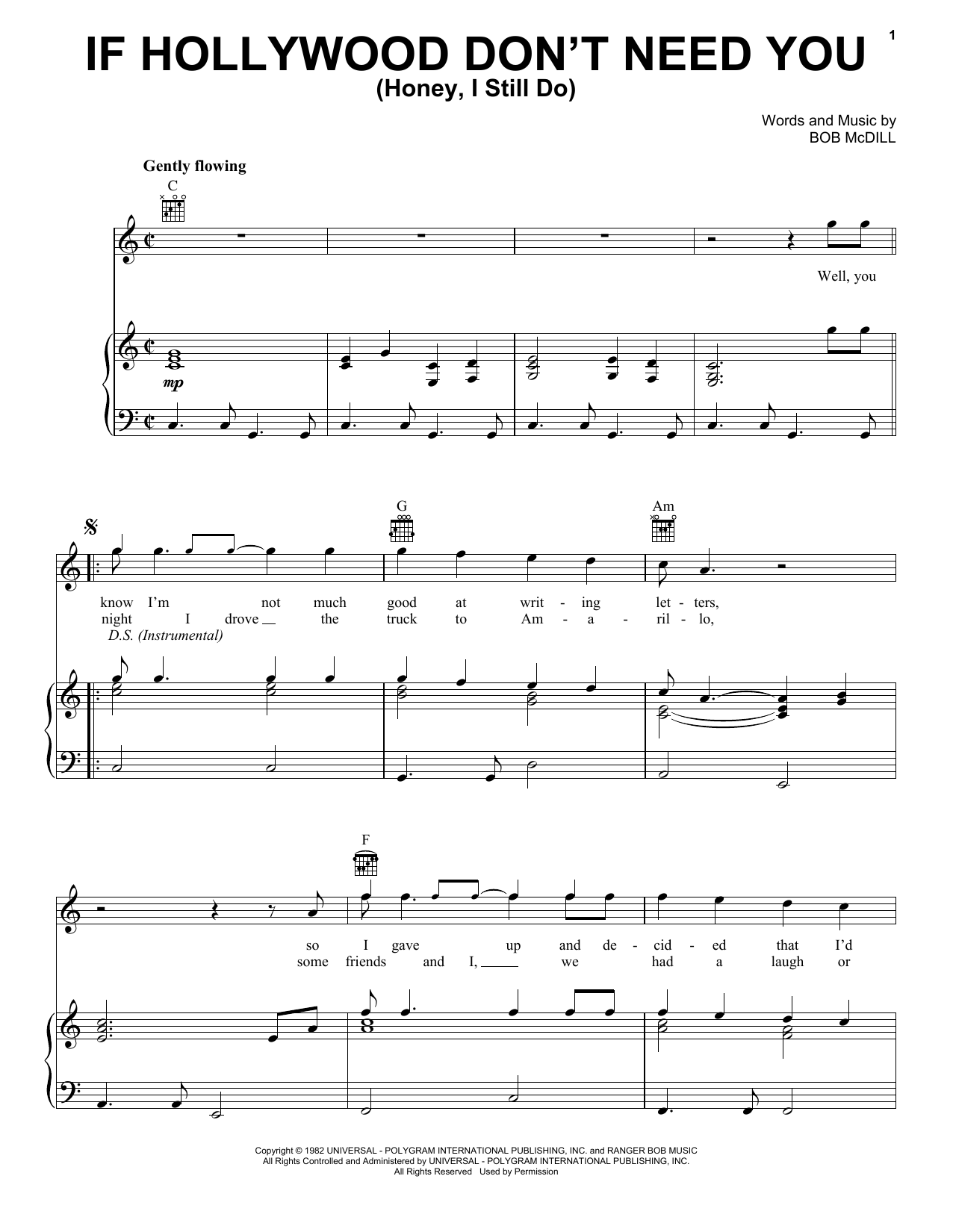 Download Don Williams If Hollywood Don't Need You (Honey, I Still Do) Sheet Music and learn how to play Piano, Vocal & Guitar Chords (Right-Hand Melody) PDF digital score in minutes