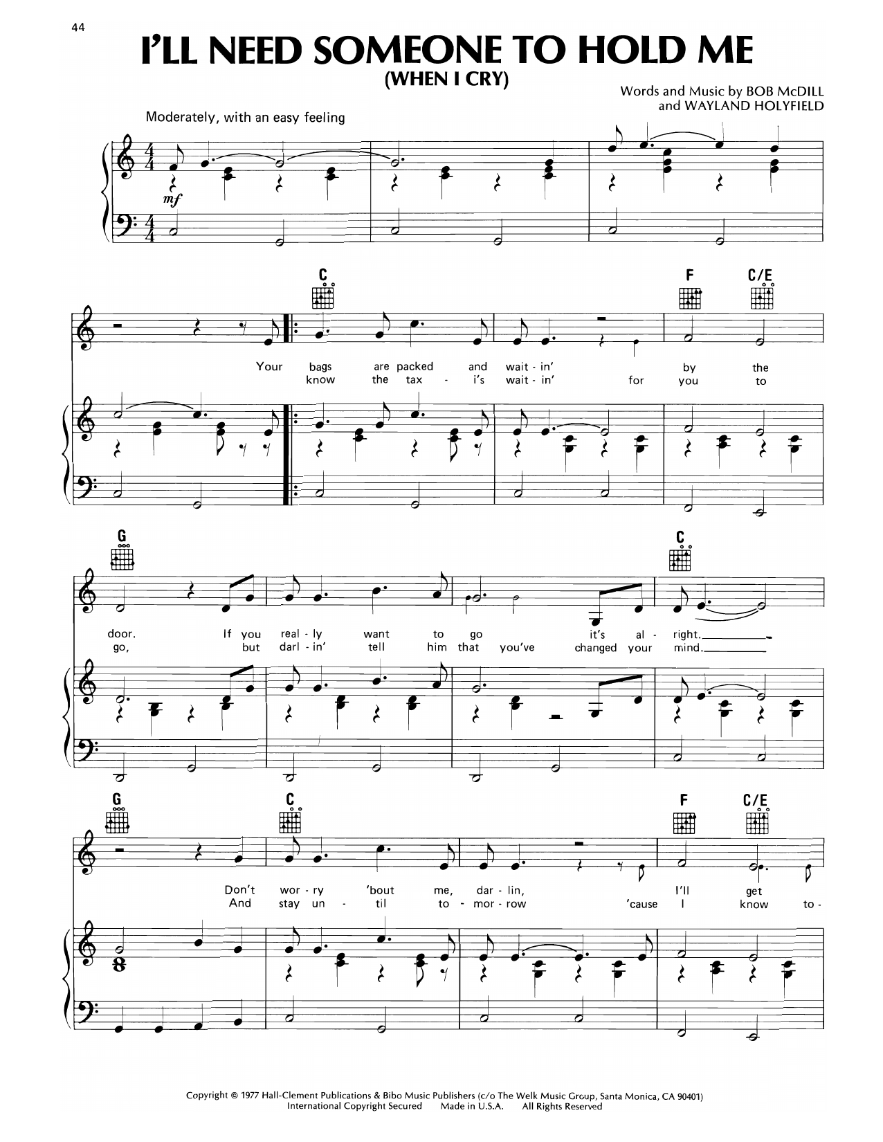 Download Don Williams I'll Need Someone To Hold Me (When I Cry) Sheet Music and learn how to play Piano, Vocal & Guitar Chords (Right-Hand Melody) PDF digital score in minutes