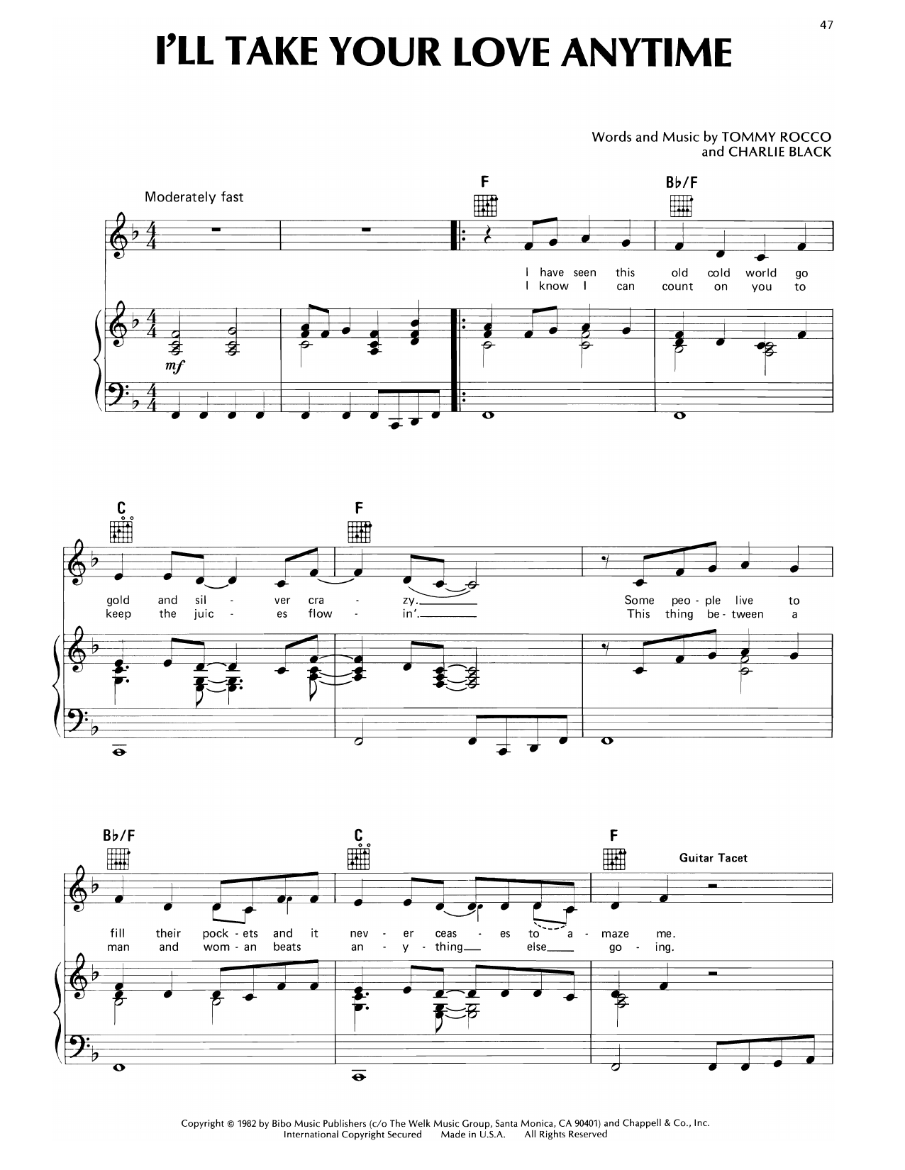 Download Don Williams I'll Take Your Love Anytime Sheet Music and learn how to play Piano, Vocal & Guitar Chords (Right-Hand Melody) PDF digital score in minutes