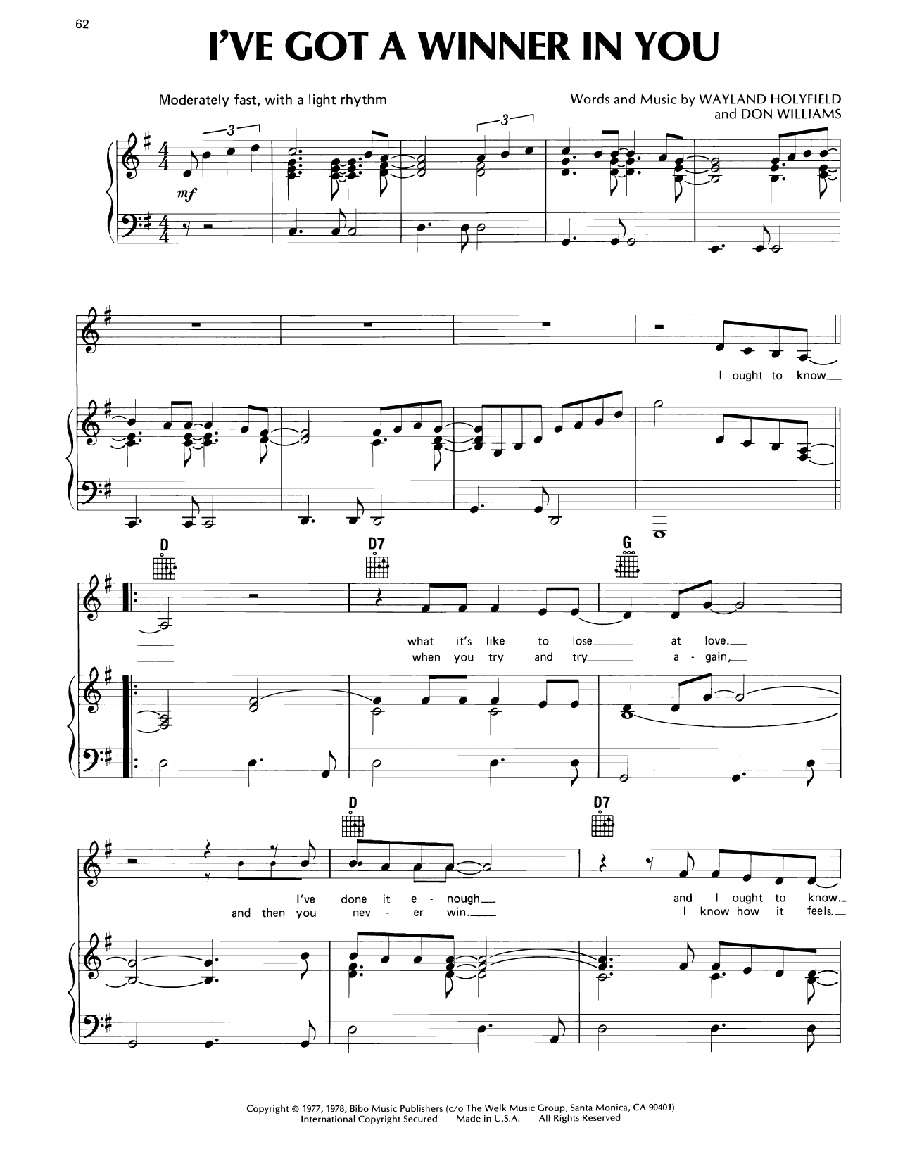 Download Don Williams I've Got A Winner In You Sheet Music and learn how to play Piano, Vocal & Guitar Chords (Right-Hand Melody) PDF digital score in minutes