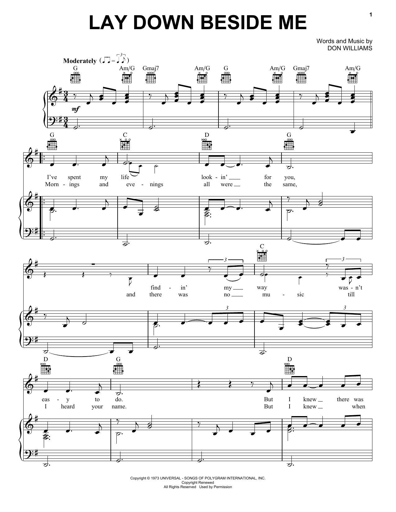 Download Don Williams Lay Down Beside Me Sheet Music and learn how to play Piano, Vocal & Guitar Chords (Right-Hand Melody) PDF digital score in minutes