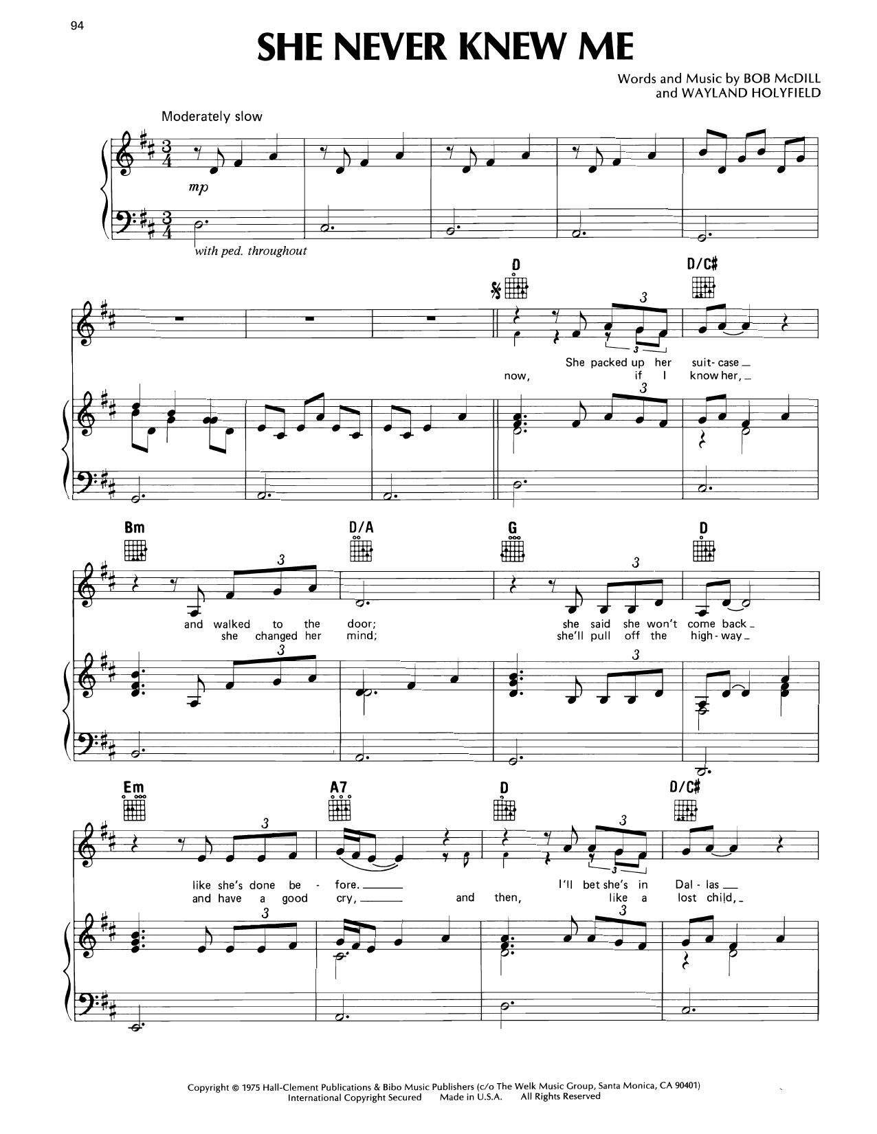 Download Don Williams She Never Knew Me Sheet Music and learn how to play Piano, Vocal & Guitar Chords (Right-Hand Melody) PDF digital score in minutes