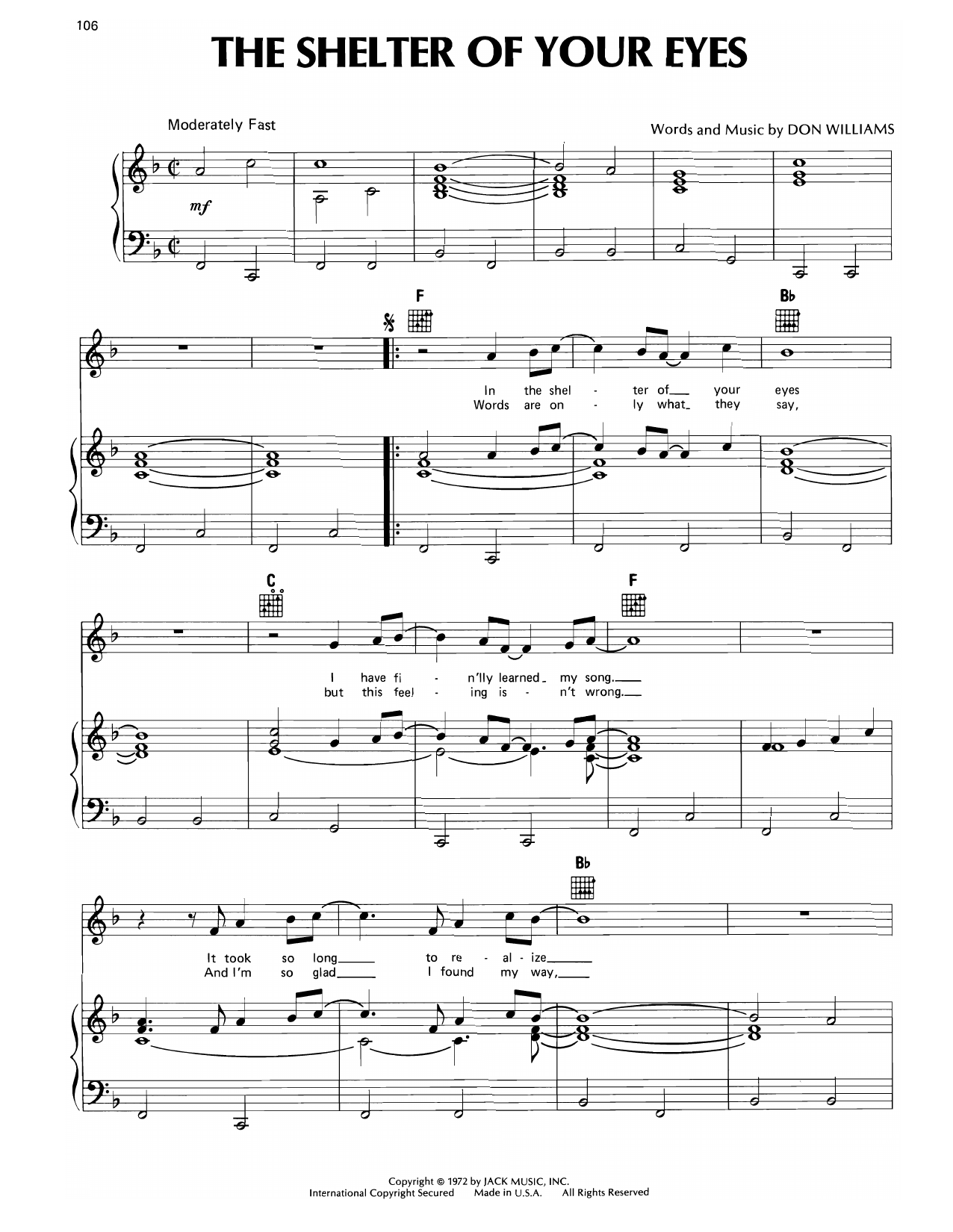 Download Don Williams Shelter Of Your Eyes Sheet Music and learn how to play Piano, Vocal & Guitar Chords (Right-Hand Melody) PDF digital score in minutes