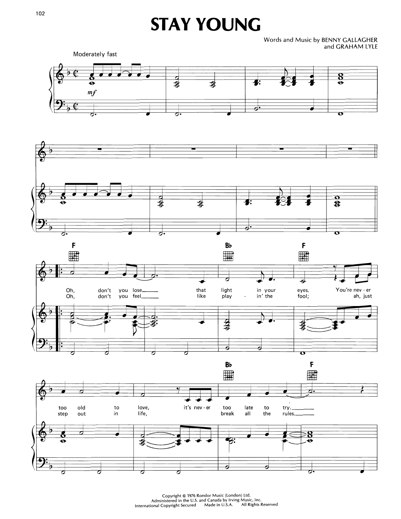 Download Don Williams Stay Young Sheet Music and learn how to play Piano, Vocal & Guitar Chords (Right-Hand Melody) PDF digital score in minutes