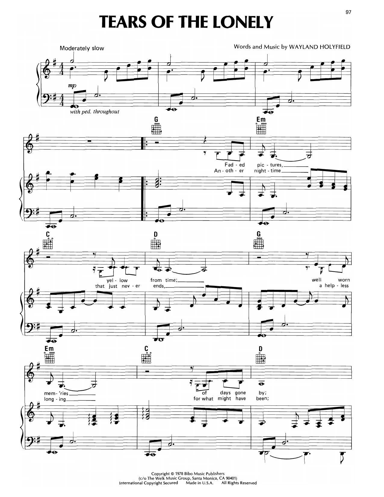 Download Don Williams Tears Of The Lonely Sheet Music and learn how to play Piano, Vocal & Guitar Chords (Right-Hand Melody) PDF digital score in minutes