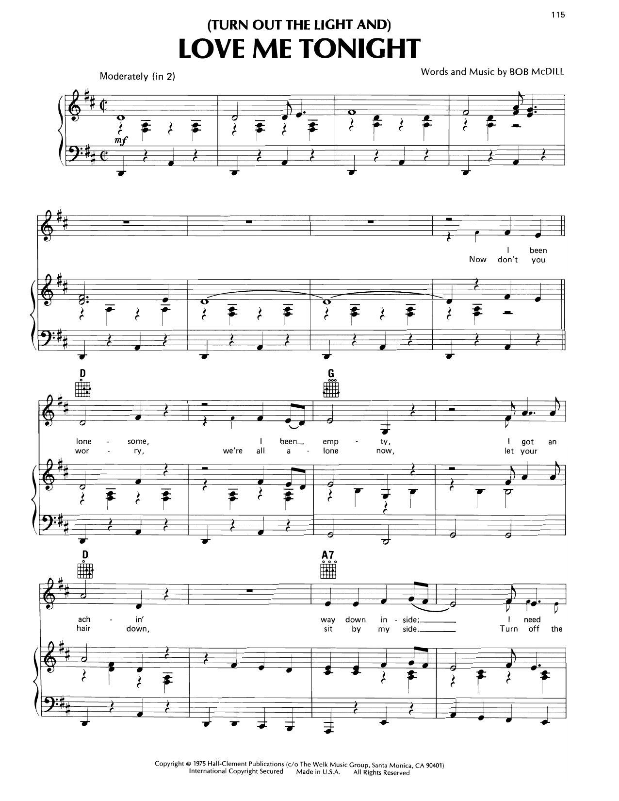 Download Don Williams (Turn Out The Light And) Love Me Tonight Sheet Music and learn how to play Piano, Vocal & Guitar Chords (Right-Hand Melody) PDF digital score in minutes