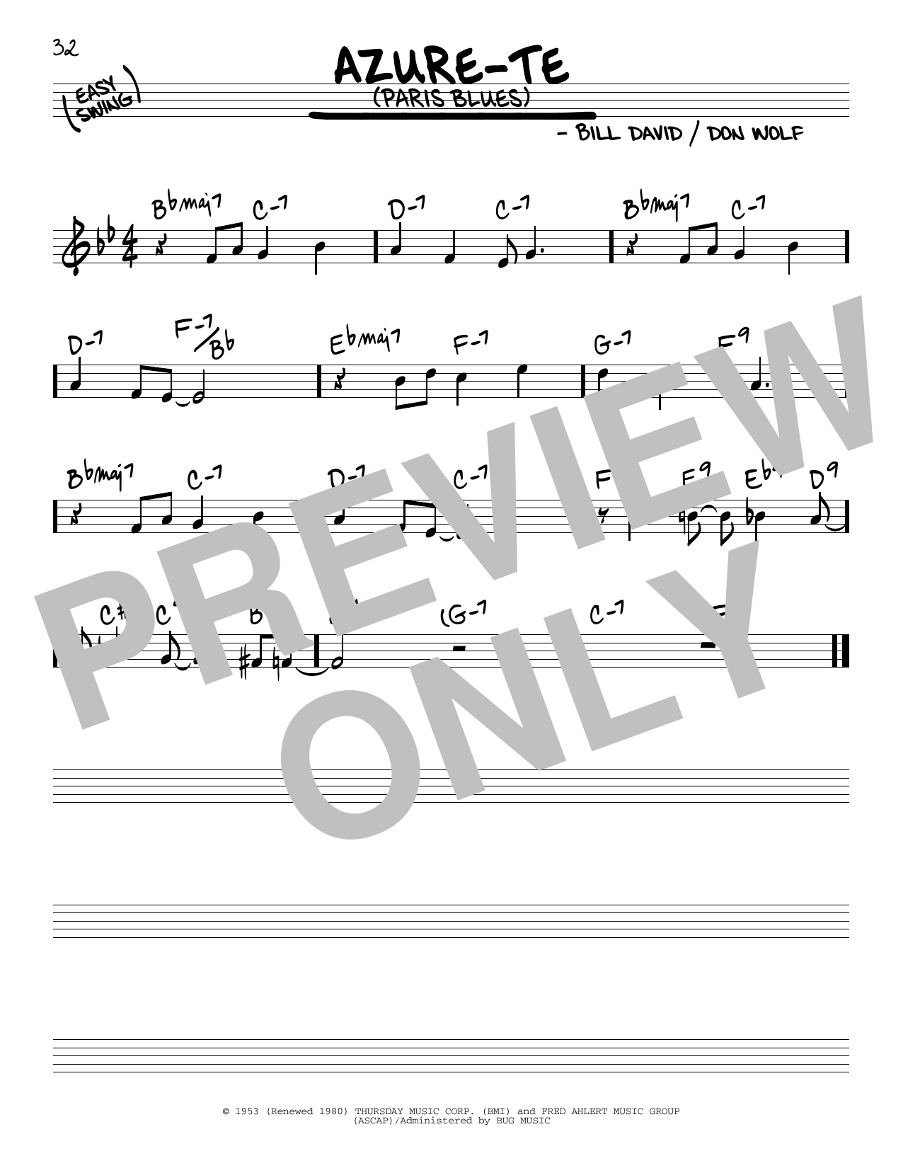 Download Don Wolf Azure-Te (Paris Blues) Sheet Music and learn how to play Real Book – Melody & Chords PDF digital score in minutes