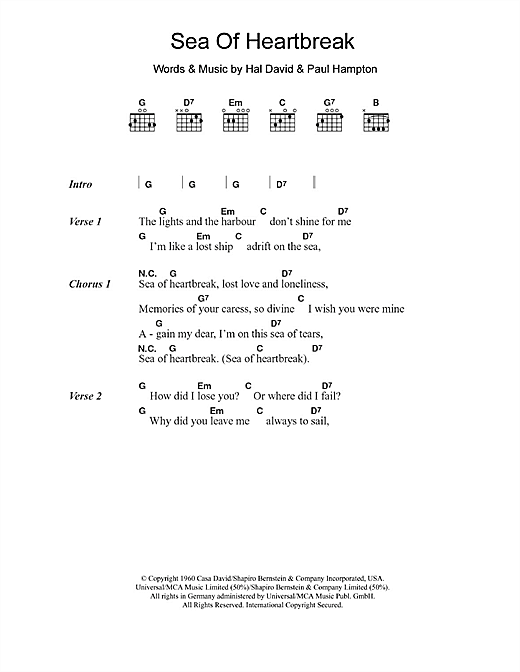 Download Don Gibson Sea Of Heartbreak Sheet Music and learn how to play Lyrics & Chords PDF digital score in minutes
