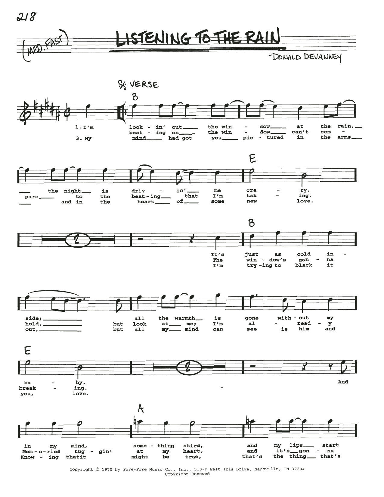Download Donald Devanney Listening To The Rain Sheet Music and learn how to play Real Book – Melody, Lyrics & Chords PDF digital score in minutes