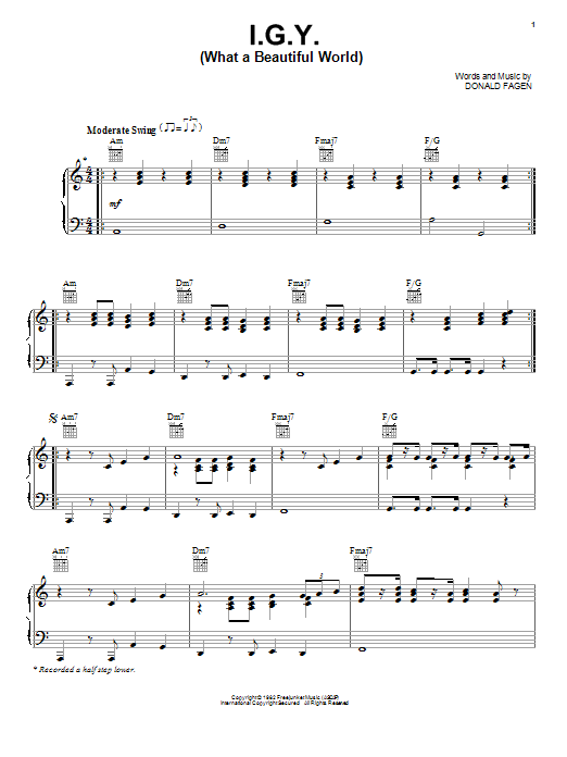 Download Donald Fagen I.G.Y. (What A Beautiful World) Sheet Music and learn how to play Piano, Vocal & Guitar (Right-Hand Melody) PDF digital score in minutes