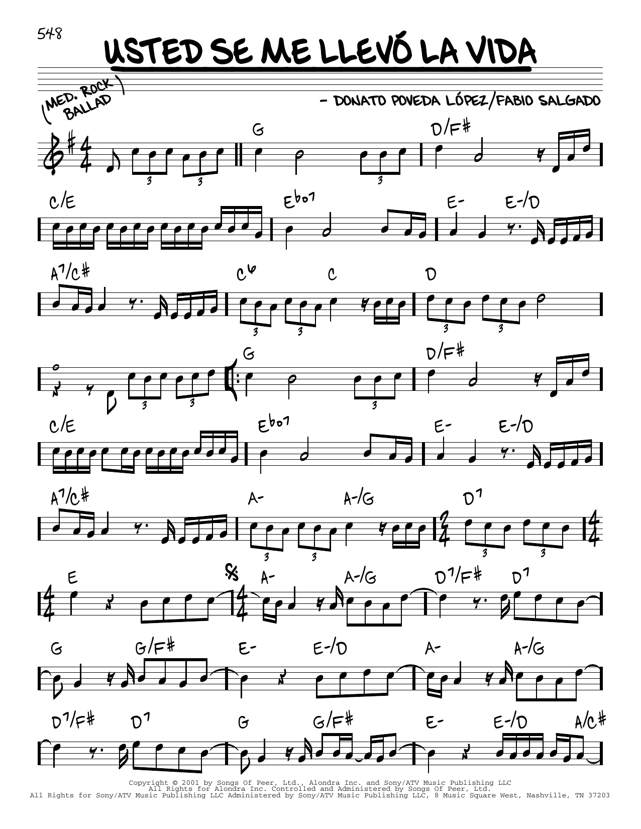 Download Donato Poveda Lopez Usted Se Me Llevo La Vida Sheet Music and learn how to play Real Book – Melody & Chords PDF digital score in minutes