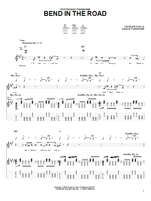 Download Donavon Frankenreiter Bend In The Road Sheet Music and learn how to play Guitar Tab PDF digital score in minutes