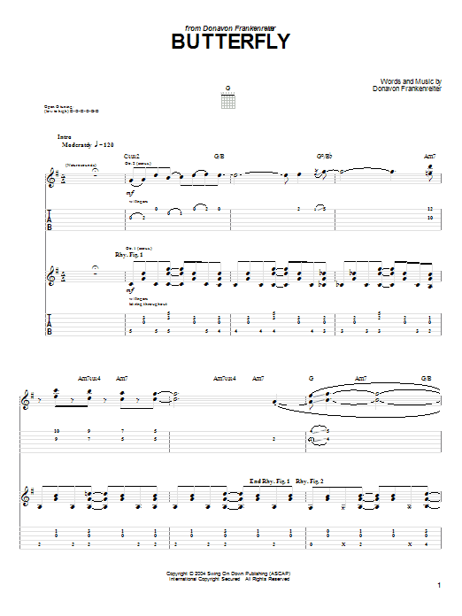 Download Donavon Frankenreiter Butterfly Sheet Music and learn how to play Guitar Tab PDF digital score in minutes