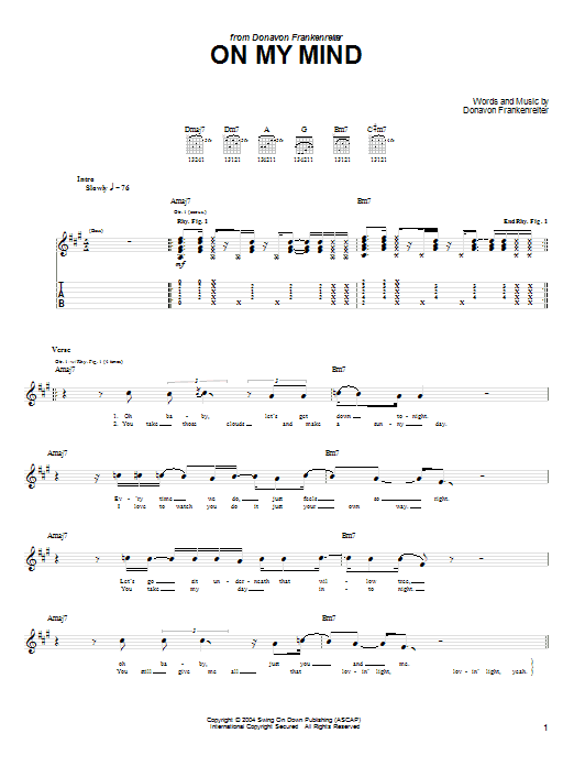 Download Donavon Frankenreiter On My Mind Sheet Music and learn how to play Guitar Tab PDF digital score in minutes