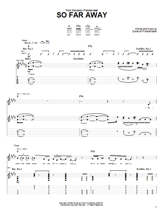 Download Donavon Frankenreiter So Far Away Sheet Music and learn how to play Guitar Tab PDF digital score in minutes