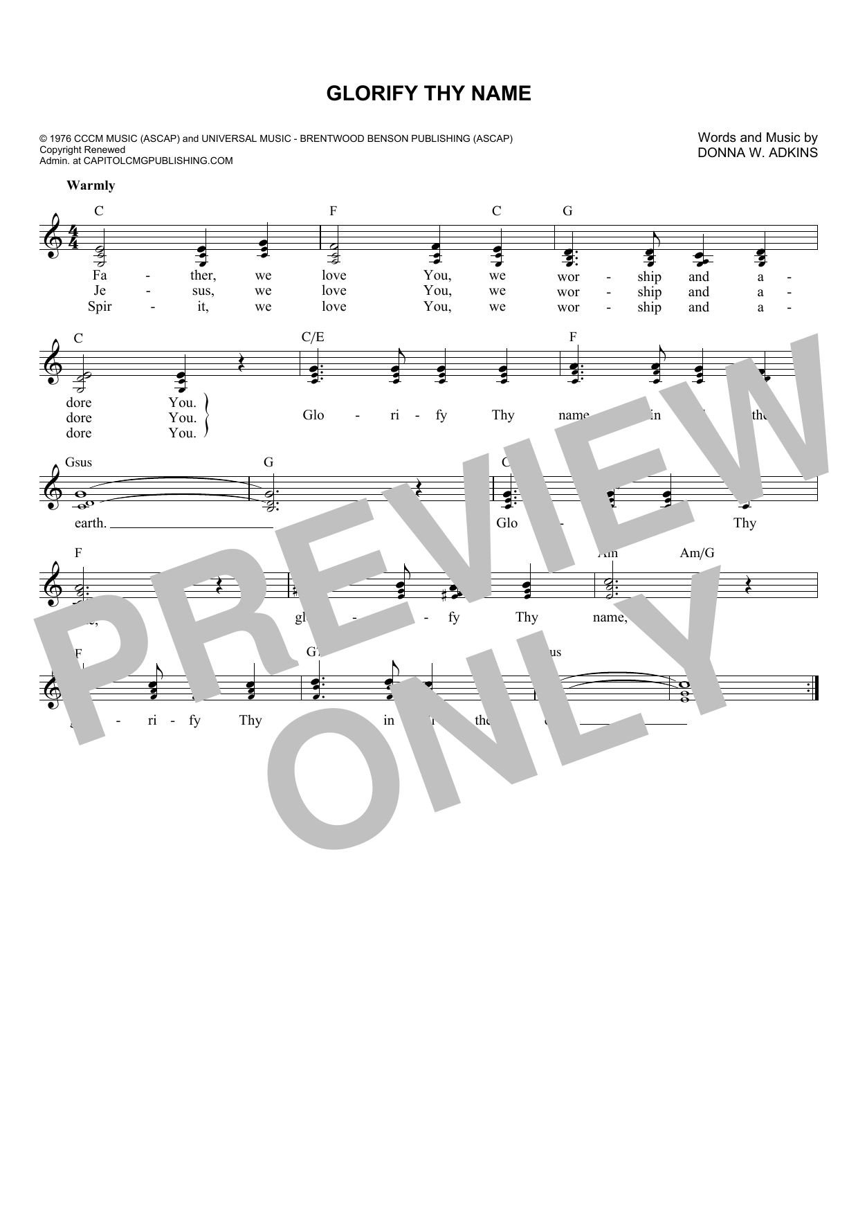 Download Donna Adkins Glorify Thy Name Sheet Music and learn how to play Melody Line, Lyrics & Chords PDF digital score in minutes