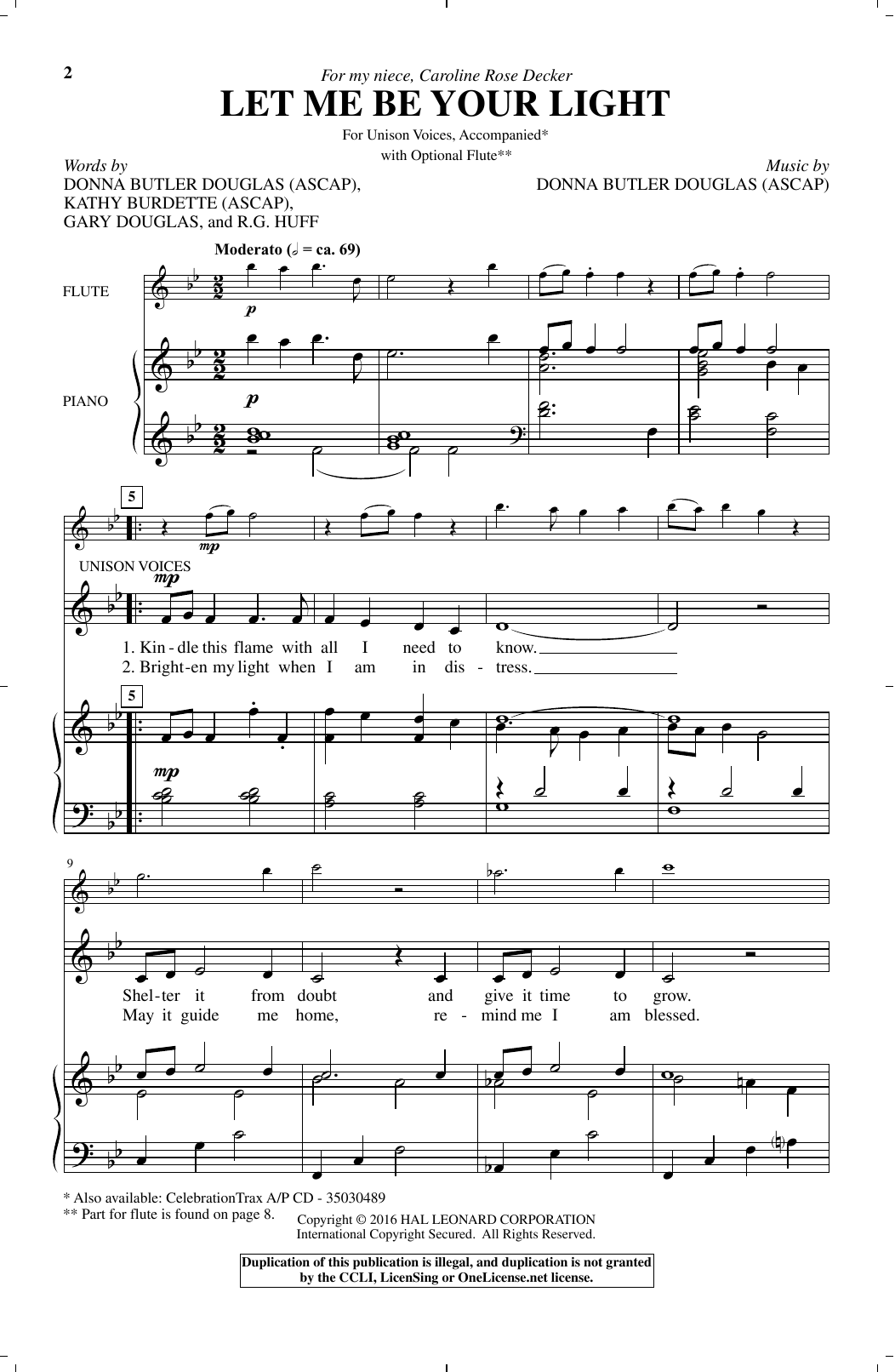 Download Donna Butler Douglas Let Me Be Your Light Sheet Music and learn how to play Unison Voice PDF digital score in minutes