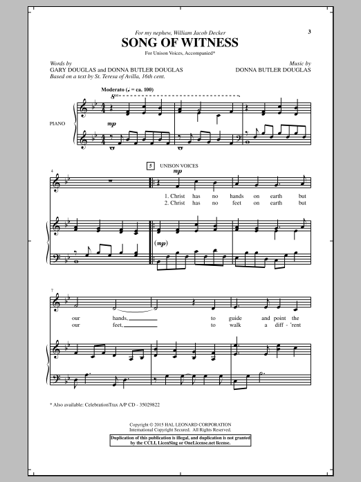 Download Donna Butler Douglas Song Of Witness Sheet Music and learn how to play Unison Voice PDF digital score in minutes