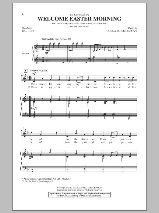 Download Donna Butler Welcome Easter Morning Sheet Music and learn how to play 2-Part Choir PDF digital score in minutes