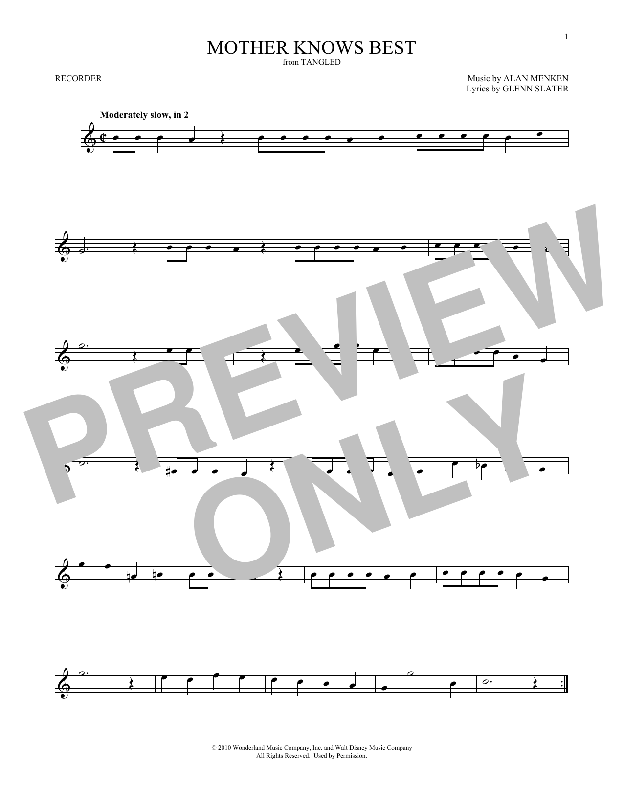 Download Donna Murphy Mother Knows Best (from Tangled) Sheet Music and learn how to play Recorder Solo PDF digital score in minutes