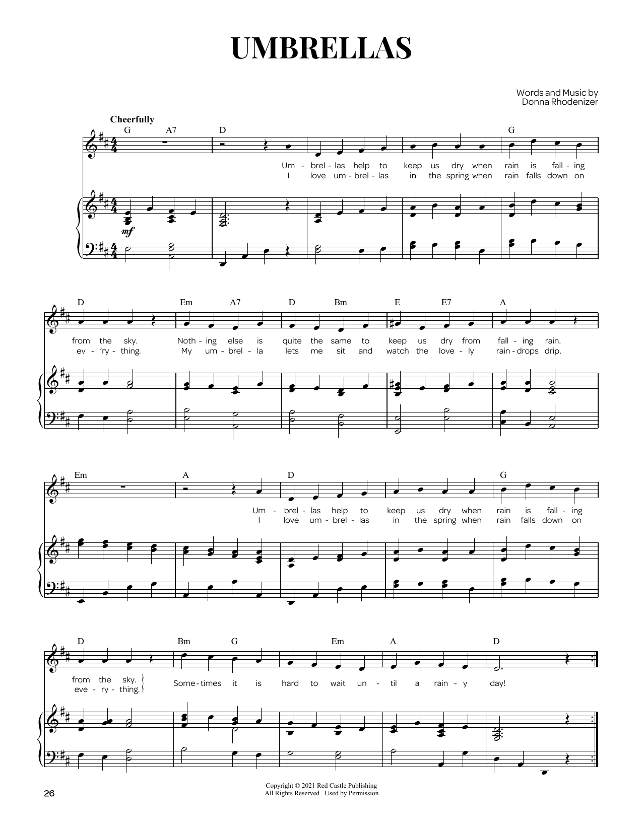 Download Donna Rhodenizer Umbrellas Sheet Music and learn how to play Piano & Vocal PDF digital score in minutes