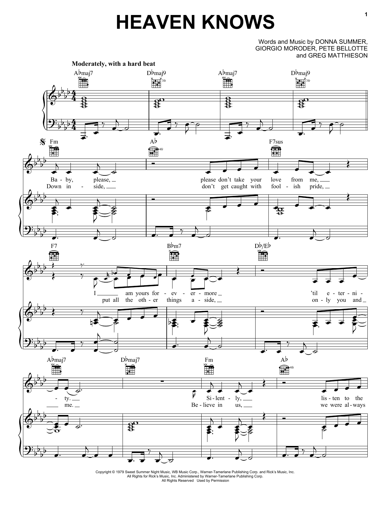Download Donna Summer Heaven Knows Sheet Music and learn how to play Piano, Vocal & Guitar Chords (Right-Hand Melody) PDF digital score in minutes