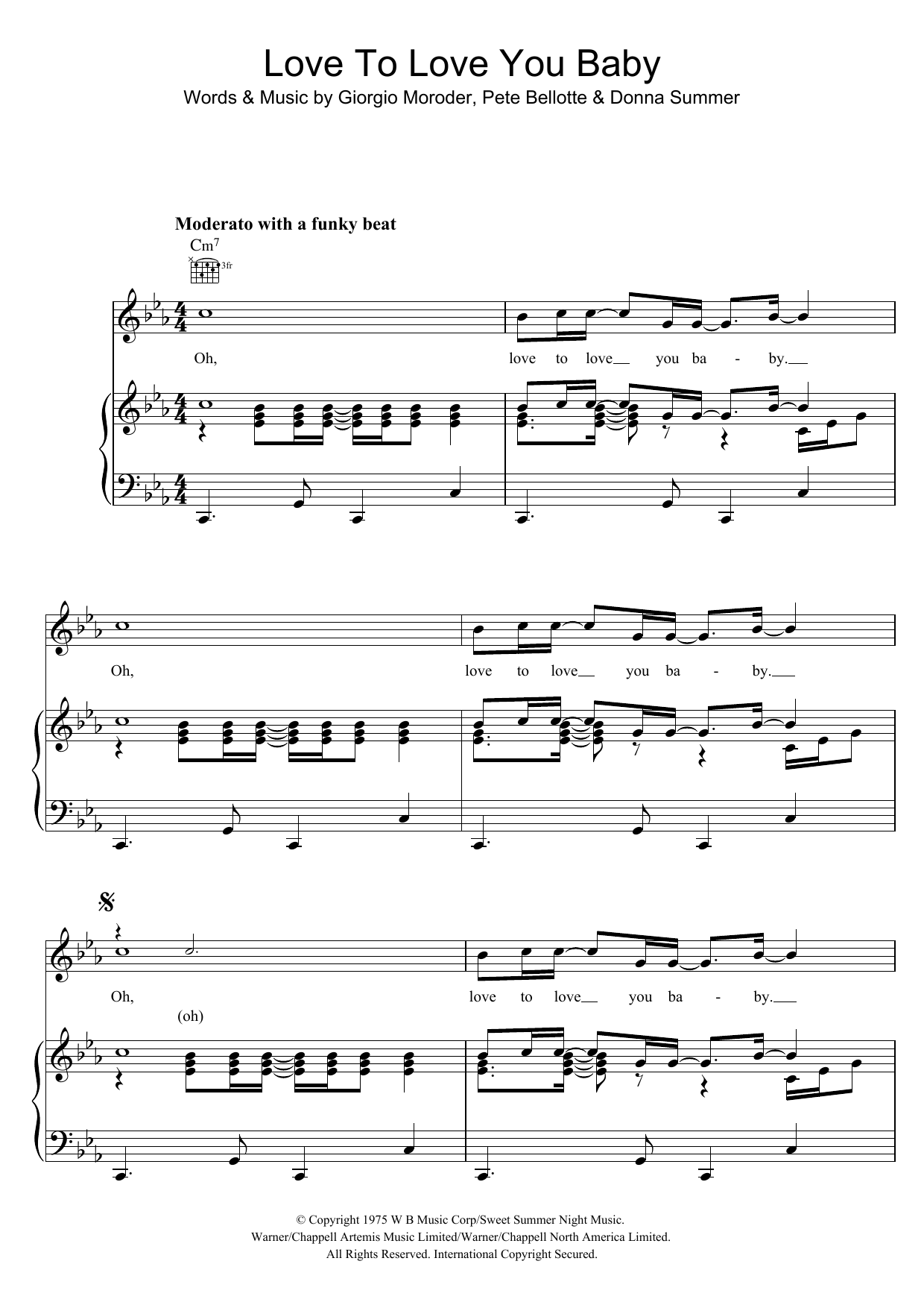 Download Donna Summer Love To Love You Baby Sheet Music and learn how to play Piano, Vocal & Guitar (Right-Hand Melody) PDF digital score in minutes