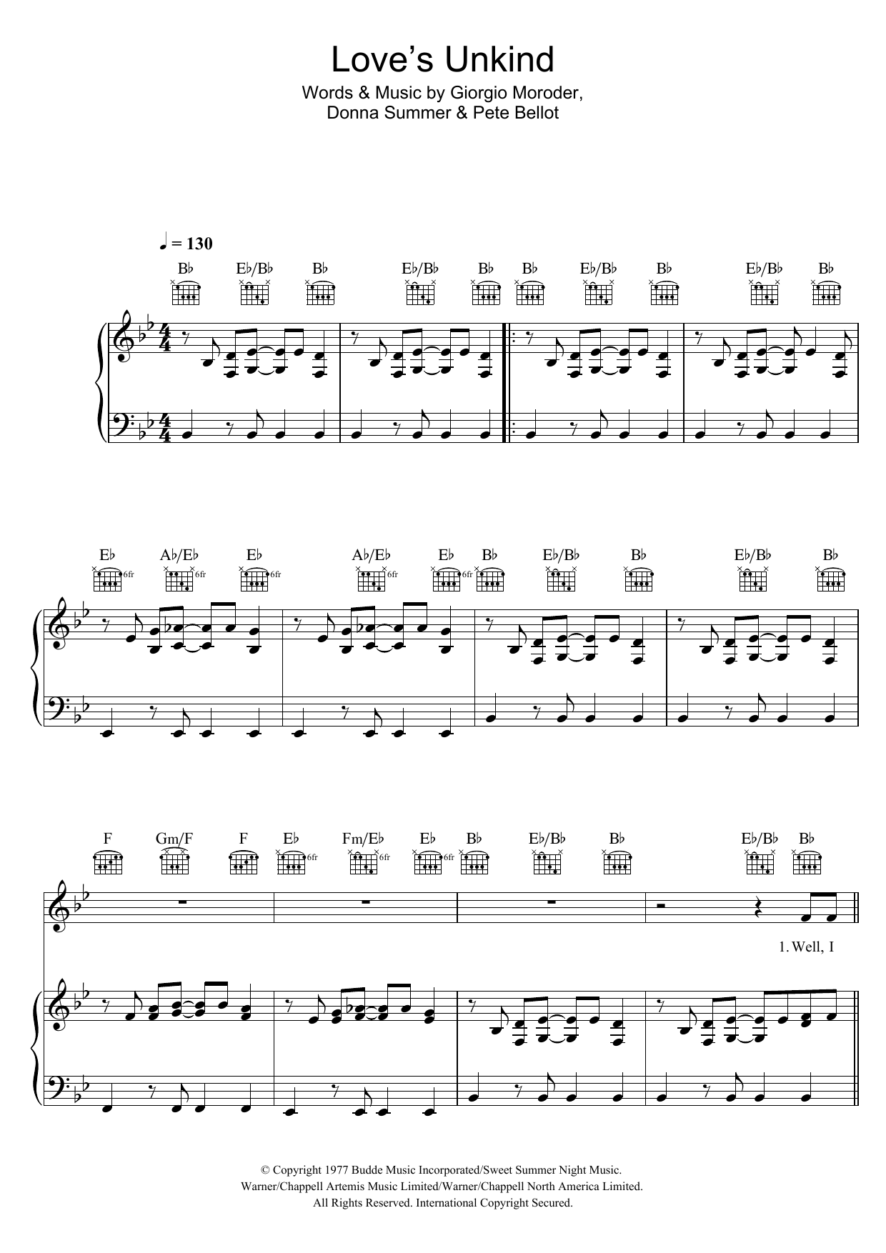 Download Donna Summer Love's Unkind Sheet Music and learn how to play Piano, Vocal & Guitar (Right-Hand Melody) PDF digital score in minutes