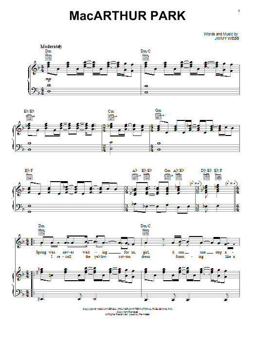 Download Donna Summer MacArthur Park Sheet Music and learn how to play Piano, Vocal & Guitar Chords (Right-Hand Melody) PDF digital score in minutes