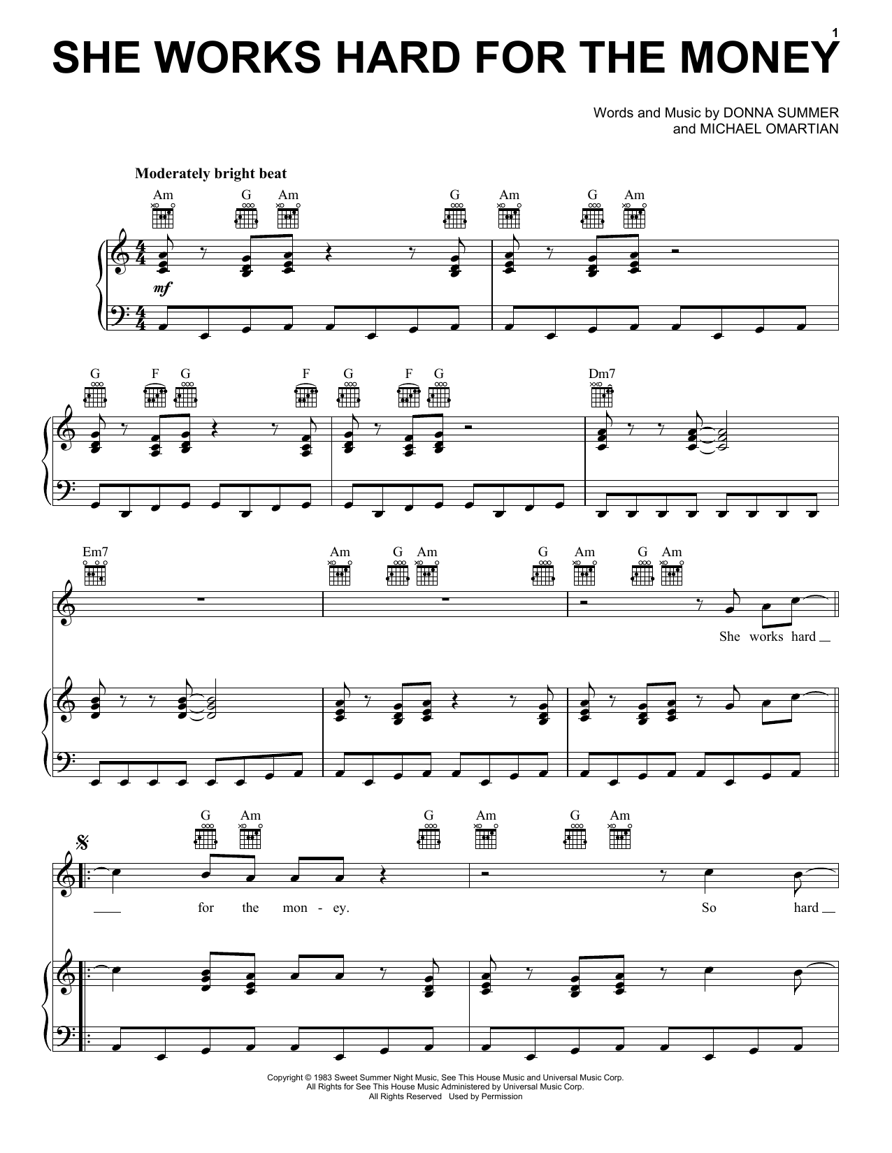 Download Donna Summer She Works Hard For The Money Sheet Music and learn how to play Piano, Vocal & Guitar (Right-Hand Melody) PDF digital score in minutes