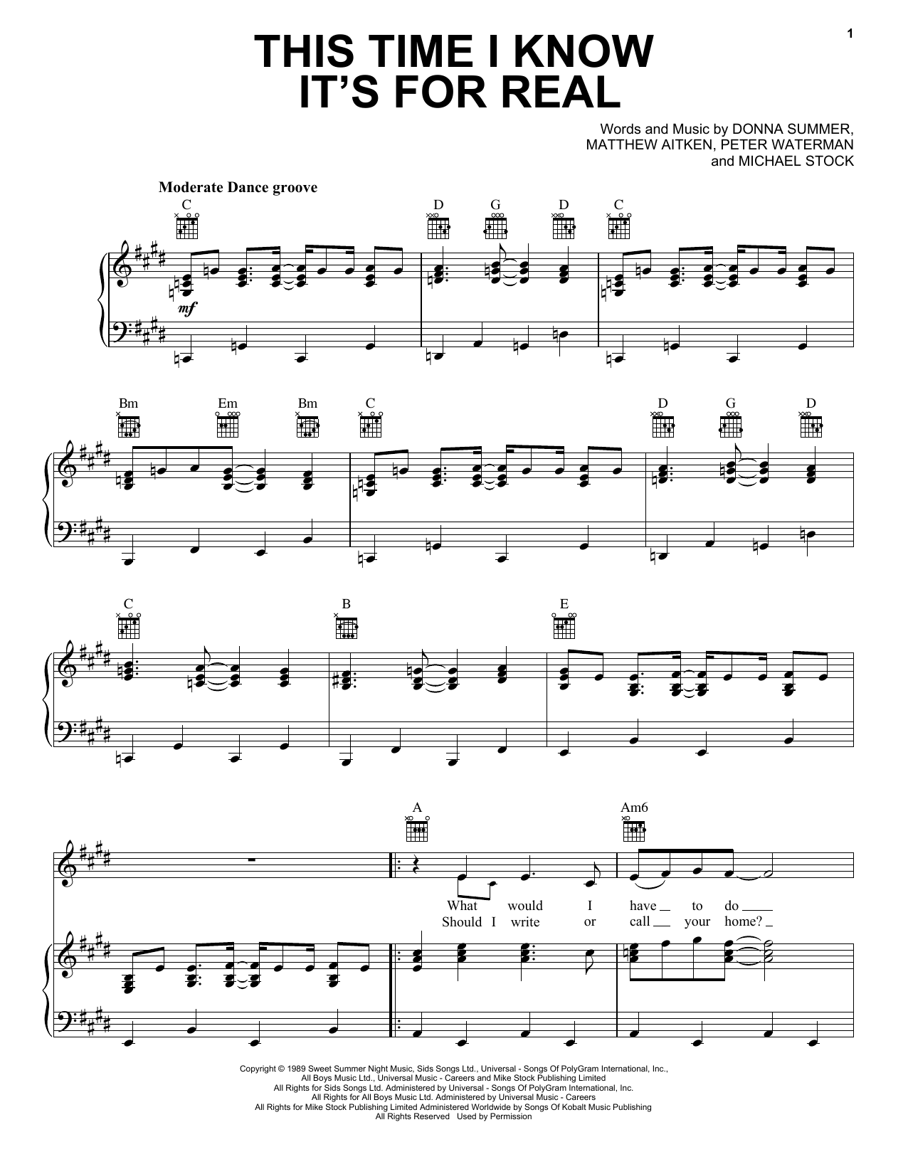 Download Donna Summer This Time I Know It's For Real Sheet Music and learn how to play Piano, Vocal & Guitar Chords (Right-Hand Melody) PDF digital score in minutes