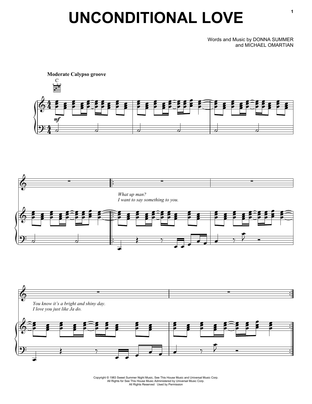 Download Donna Summer Unconditional Love Sheet Music and learn how to play Piano, Vocal & Guitar Chords (Right-Hand Melody) PDF digital score in minutes
