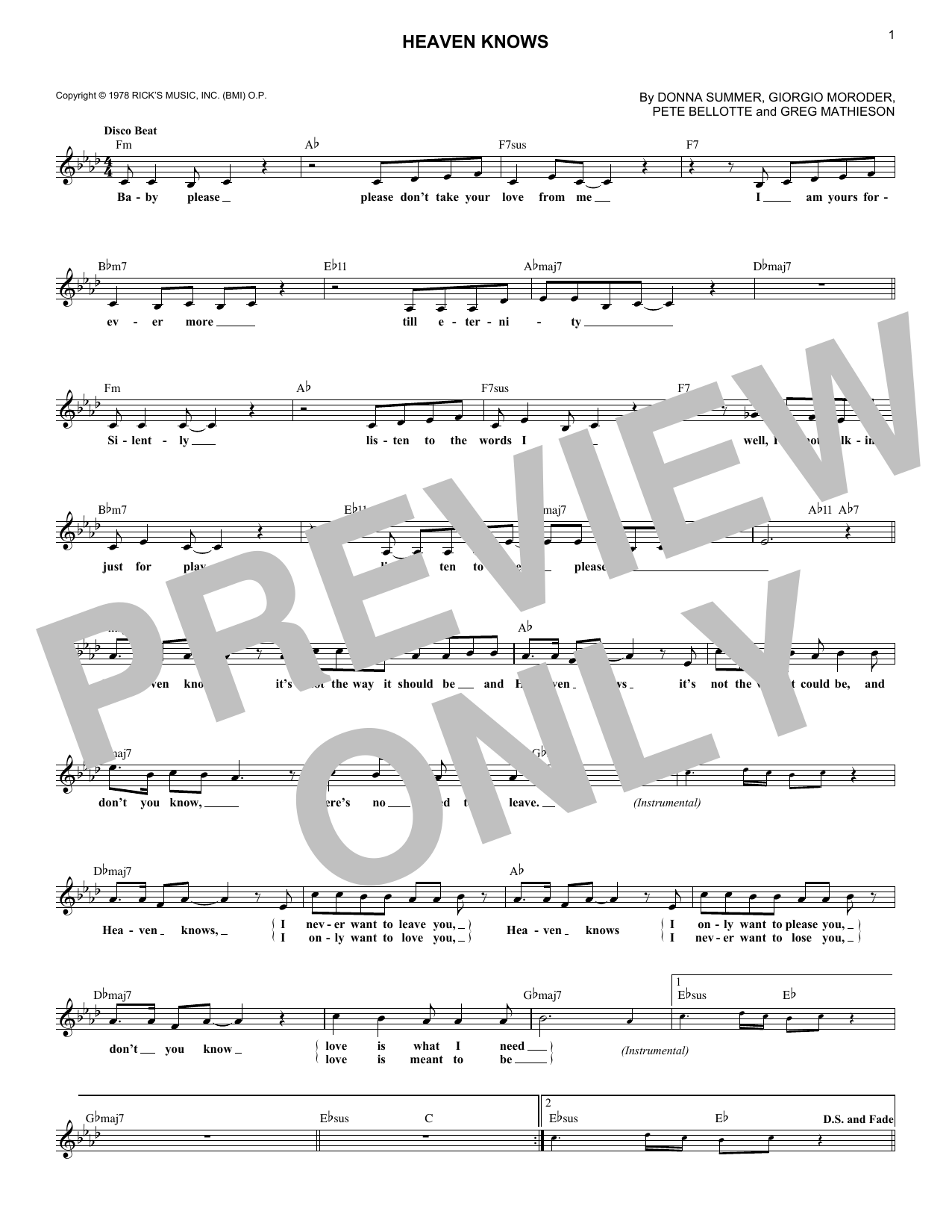 Download Donna Summer w/Brooklyn Dreams Heaven Knows Sheet Music and learn how to play Melody Line, Lyrics & Chords PDF digital score in minutes