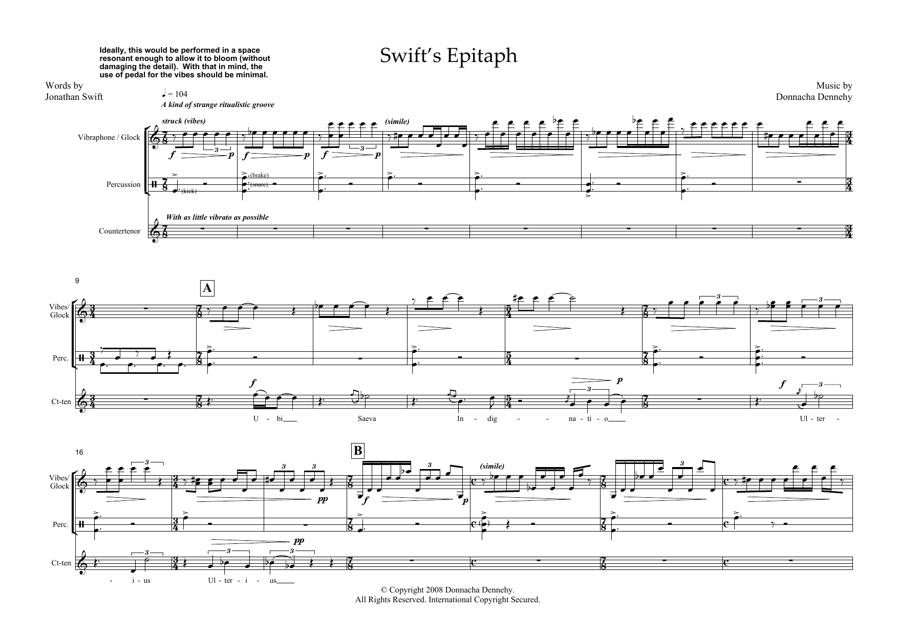 Download Donnacha Dennehy Swift's Epitaph (for counter-tenor & percussion) Sheet Music and learn how to play Piano & Vocal PDF digital score in minutes