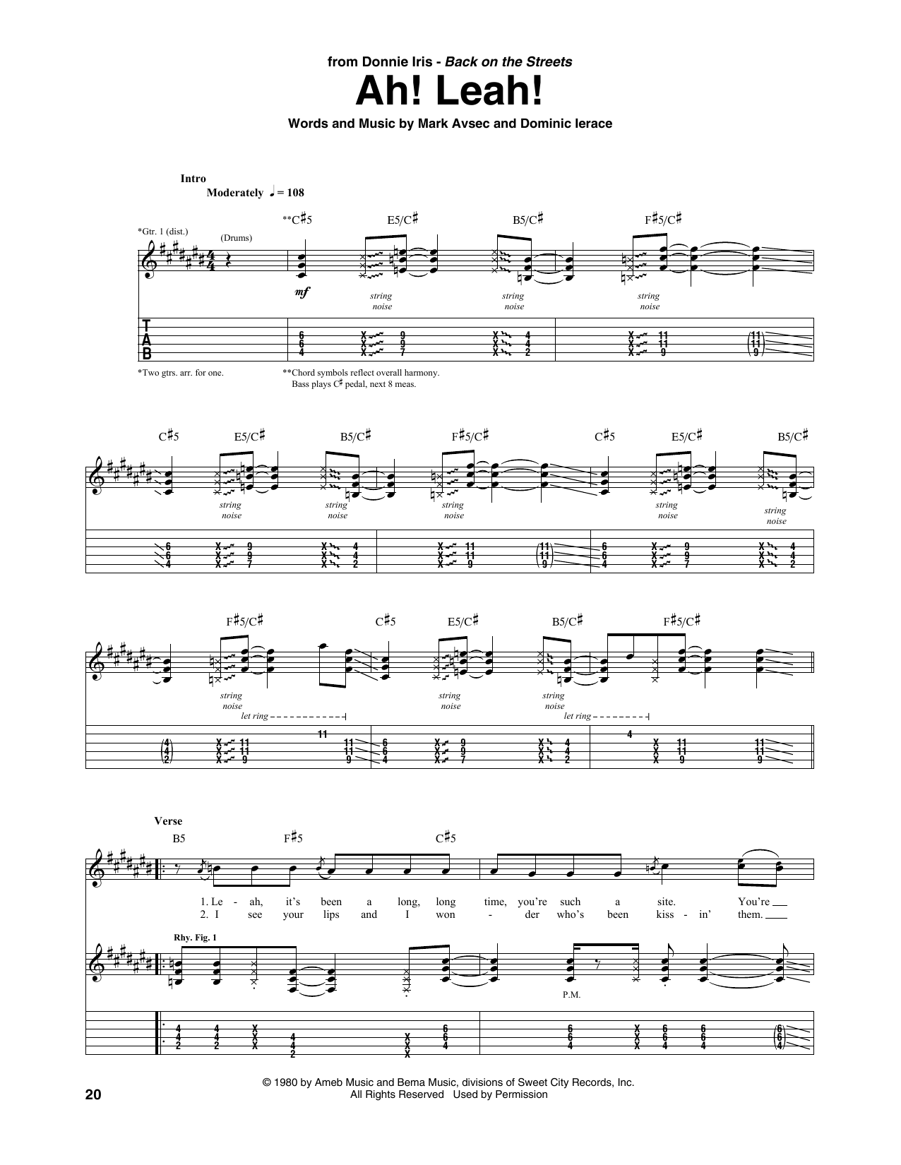 Download Donnie Iris Ah! Leah! Sheet Music and learn how to play Guitar Tab PDF digital score in minutes
