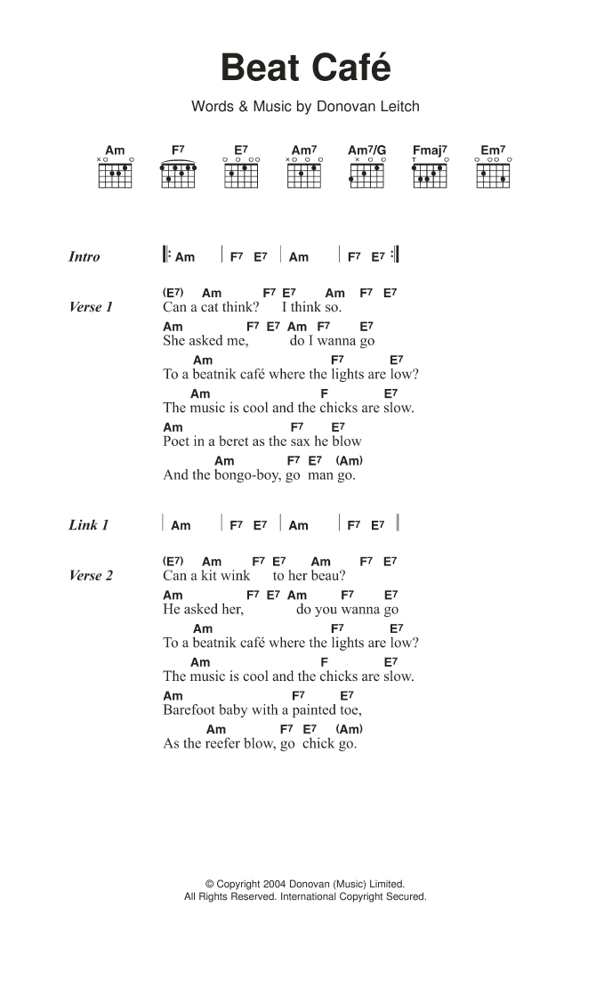 Download Donovan Beat Cafe Sheet Music and learn how to play Lyrics & Chords PDF digital score in minutes
