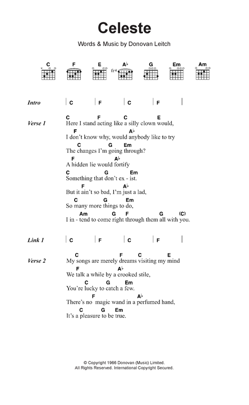 Download Donovan Celeste Sheet Music and learn how to play Lyrics & Chords PDF digital score in minutes