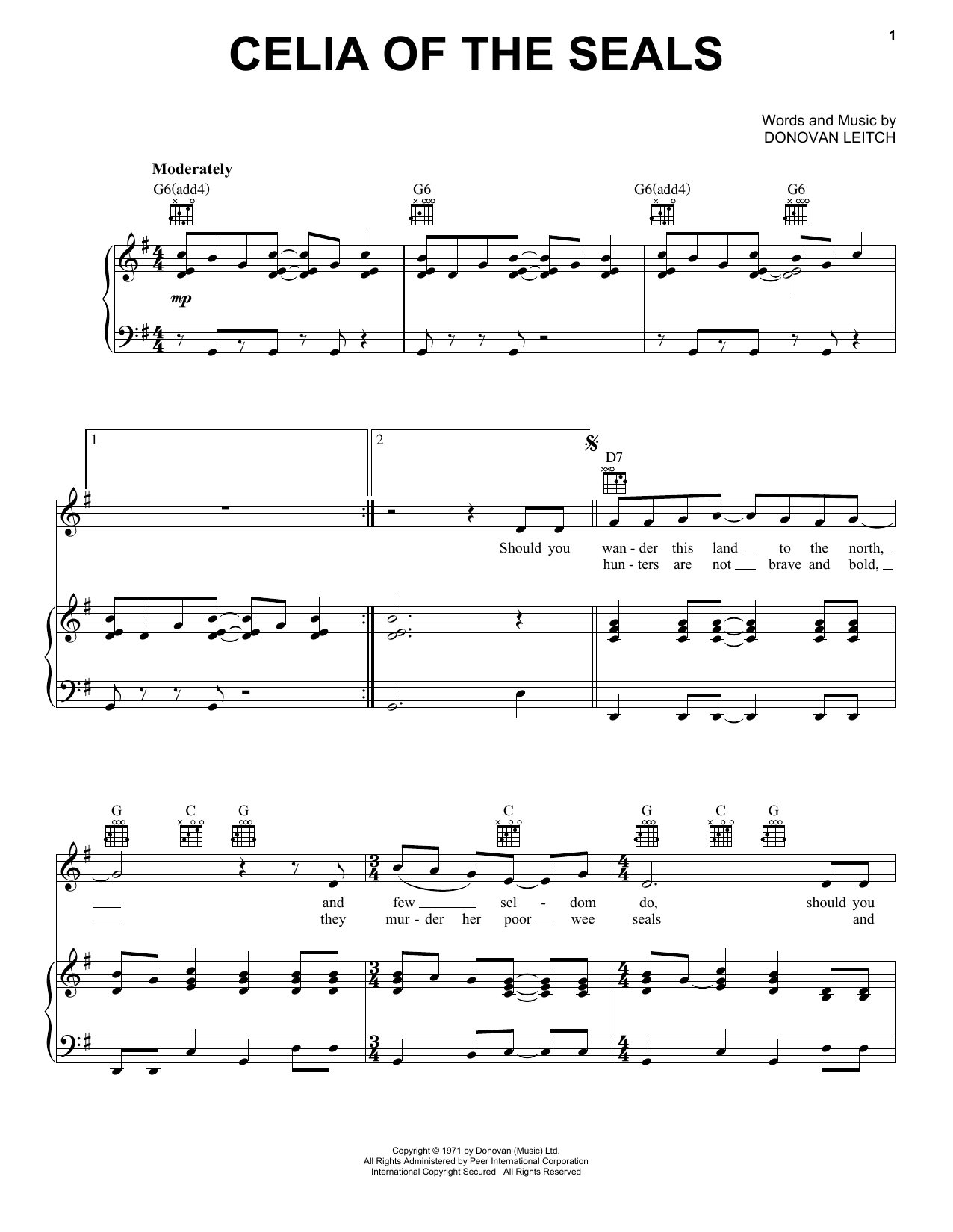 Download Donovan Celia Of The Seals Sheet Music and learn how to play Piano, Vocal & Guitar Chords (Right-Hand Melody) PDF digital score in minutes