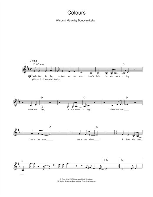 Download Donovan Colours Sheet Music and learn how to play Lyrics & Chords PDF digital score in minutes