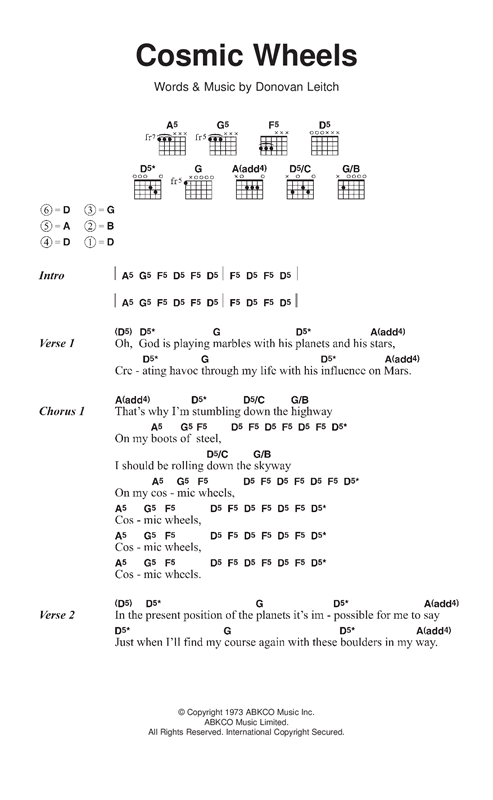 Download Donovan Cosmic Wheels Sheet Music and learn how to play Lyrics & Chords PDF digital score in minutes