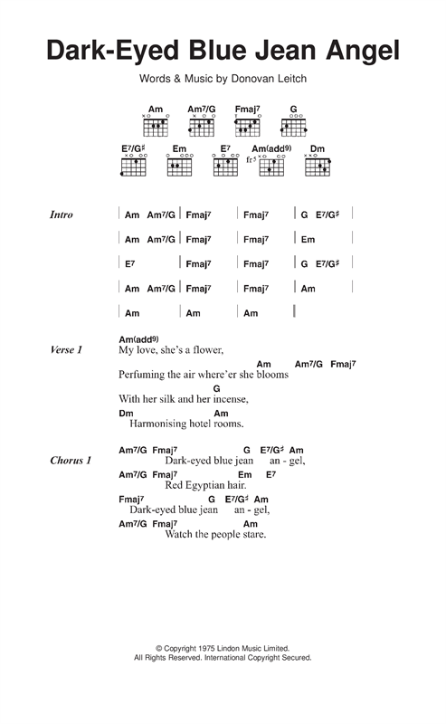 Download Donovan Dark Eyed Blue Jean Angel Sheet Music and learn how to play Lyrics & Chords PDF digital score in minutes