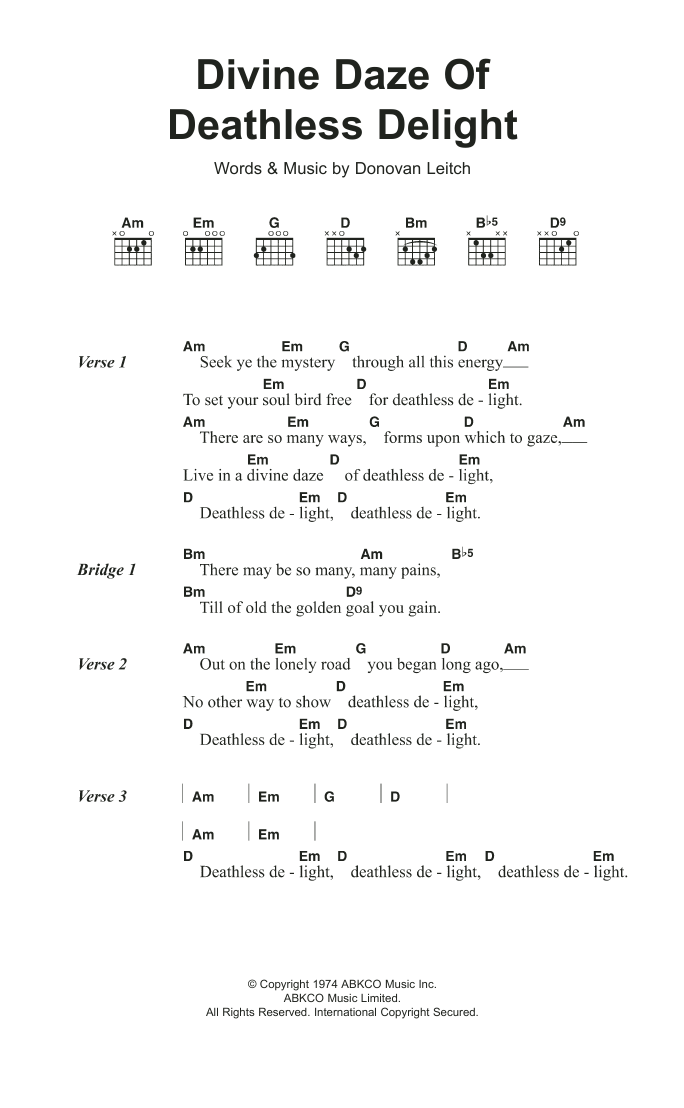 Download Donovan Divine Daze Of Deathless Delight Sheet Music and learn how to play Lyrics & Chords PDF digital score in minutes