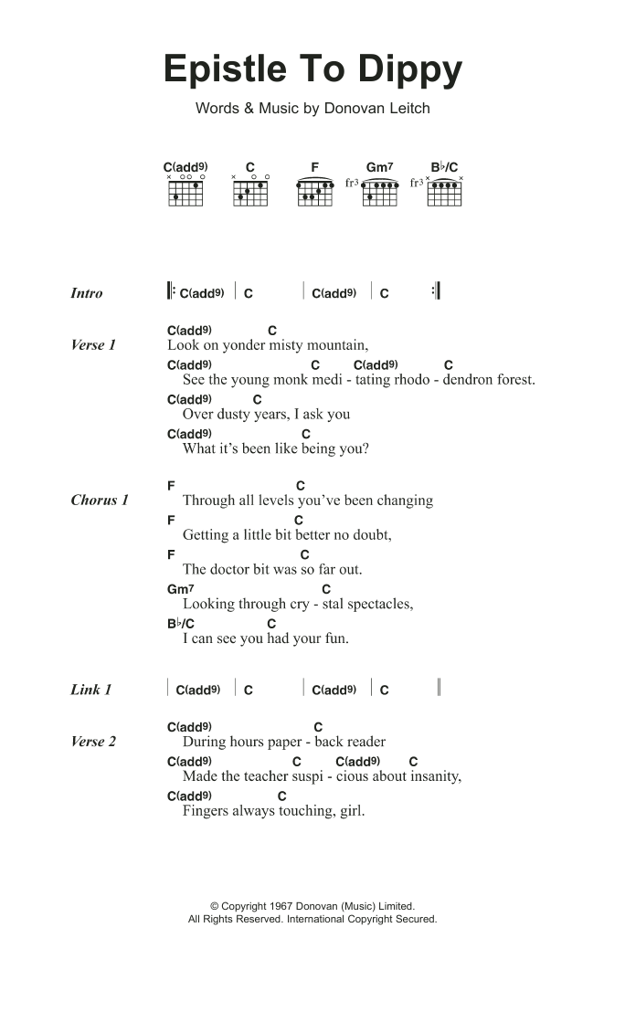 Download Donovan Epistle To Dippy Sheet Music and learn how to play Lyrics & Chords PDF digital score in minutes