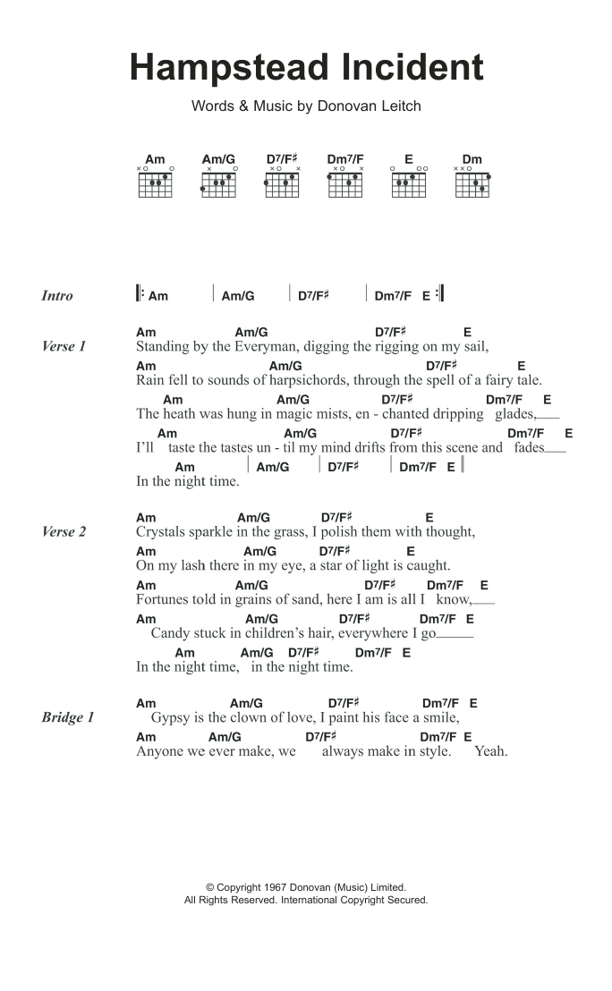 Download Donovan Hampstead Incident Sheet Music and learn how to play Lyrics & Chords PDF digital score in minutes