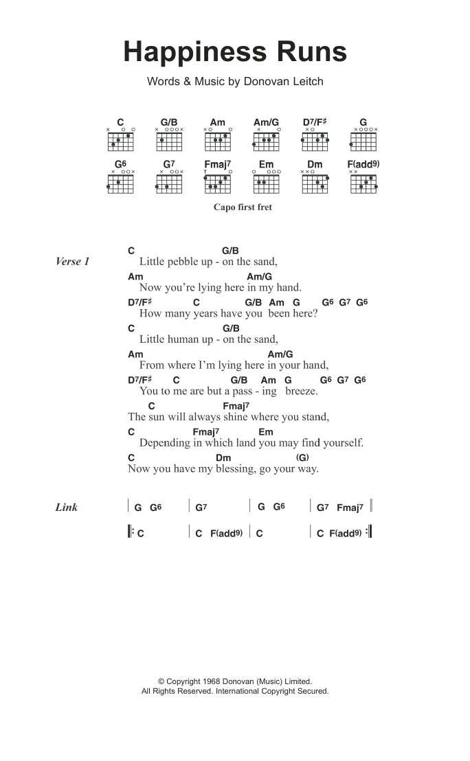 Download Donovan Happiness Runs Sheet Music and learn how to play Lyrics & Chords PDF digital score in minutes