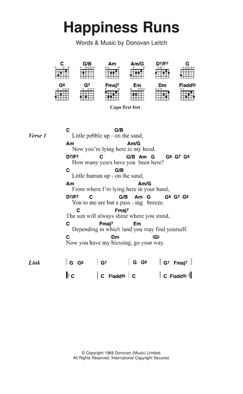 Download Donovan Happiness Runs Sheet Music and learn how to play Lyrics & Chords PDF digital score in minutes