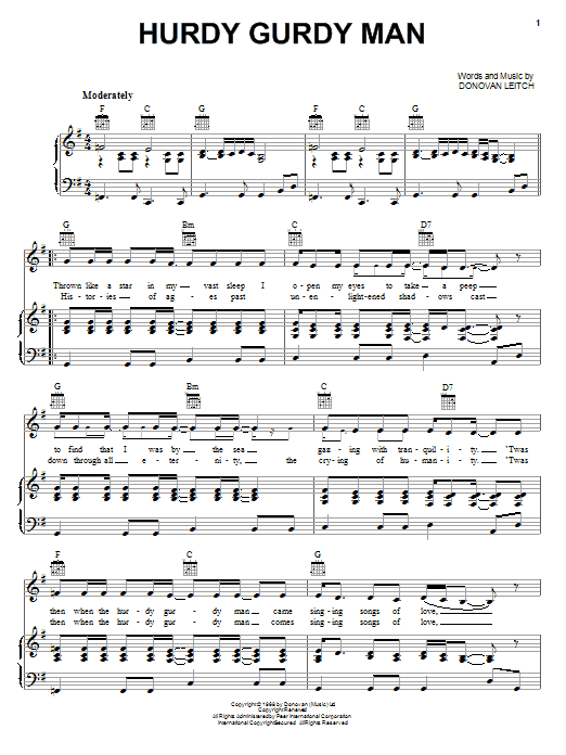 Download Donovan Hurdy Gurdy Man Sheet Music and learn how to play Piano, Vocal & Guitar (Right-Hand Melody) PDF digital score in minutes