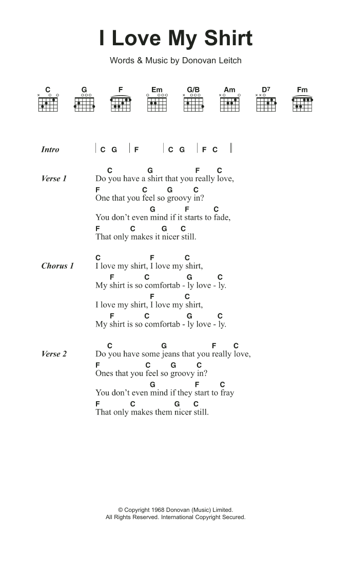 Download Donovan I Love My Shirt Sheet Music and learn how to play Lyrics & Chords PDF digital score in minutes